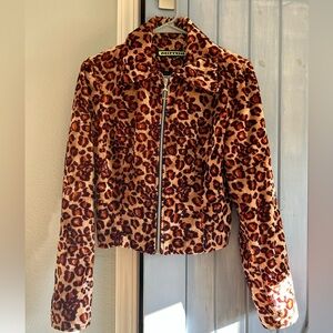 Vintage Cropped Ladies Moto Jacket- Velour Leopard Print- Small